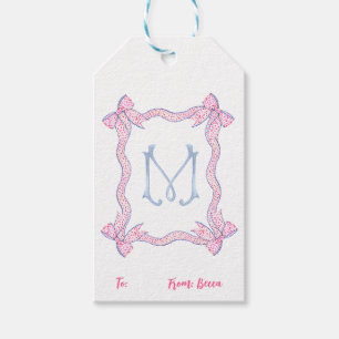 Monogram Bow Pink Blue Gift Tag, Personalised Gift Tags