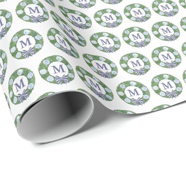 Monogram Boxwood Wreath With Ginger Jar Ornaments Wrapping Paper (Roll Corner)
