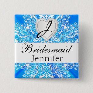 Monogram Bridal Party Blue Satin Design 15 Cm Square Badge