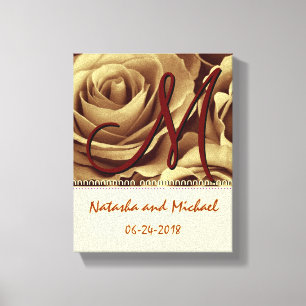 Monogram Bride and Groom with Gold Roses Canvas Print