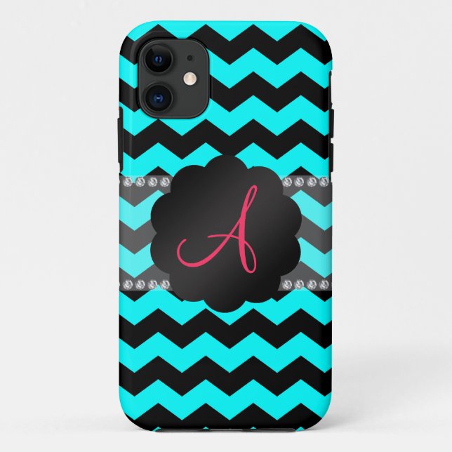Monogram bright aqua and black chevrons Case-Mate iPhone case (Back)