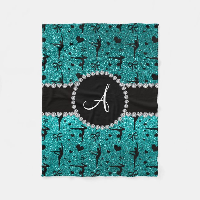 Monogram bright aqua glitter gymnastics hearts fleece blanket (Front)