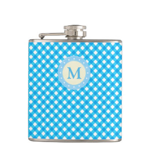 Monogram Bright Blue Gingham Pattern Hip Flask