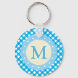 Monogram Bright Blue Gingham Pattern Key Ring