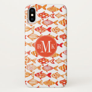 Monogram   Bright Orange Watercolor Fish Pattern iPhone X Case