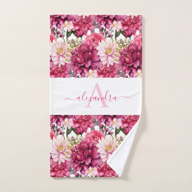 Monogram Bright Pink Floral Elegant Towel Set (Hand Towel)