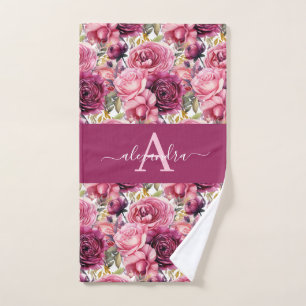 Monogram Bright Pink Floral Elegant Towel Set