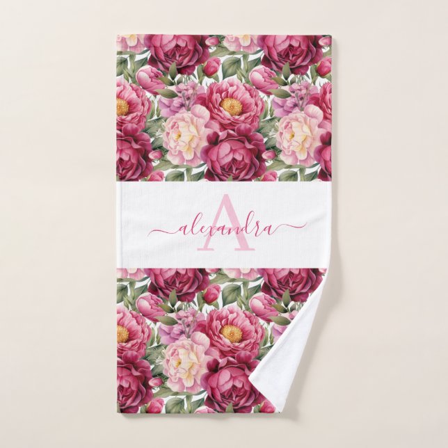 Monogram Bright Pink Floral Elegant Towel Set (Hand Towel)
