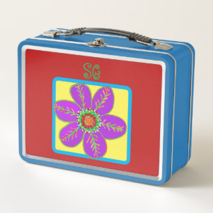 Monogram Bright Purple Green Flowers Metal Lunch Box
