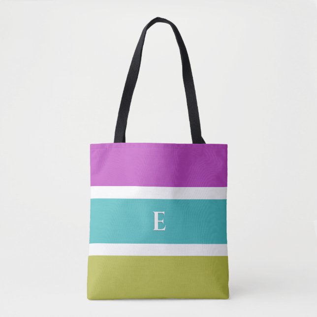 Monogram Bright Striped Pink Blue Green Patterned Tote Bag (Front)