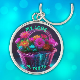 Monogram Brightly Coloured Flowers in a Basket Key Ring