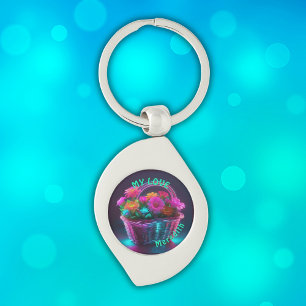 Monogram Brightly Coloured Flowers in a Basket   Key Ring