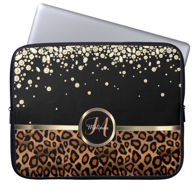Monogram Brown and Black Leopard with Gold Diamond Laptop Sleeve (Front)