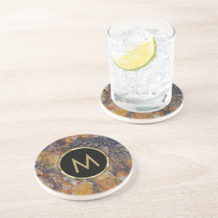 Monogram Brown and Black Marble Stone Texture Coaster