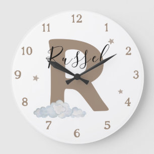 Monogram Brown Baby Initial Name Nursery Wall Large Clock