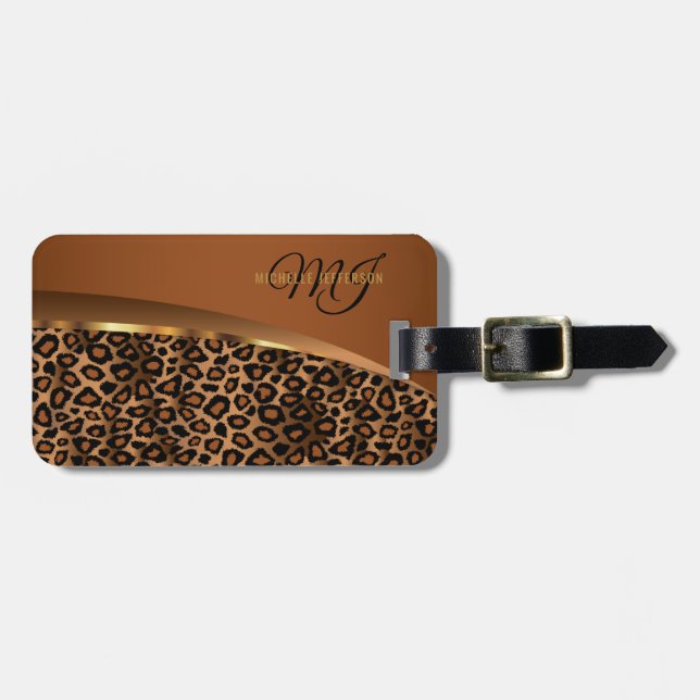 Monogram Brown, Black and Gold Leopard Luggage Tag (Front Horizontal)