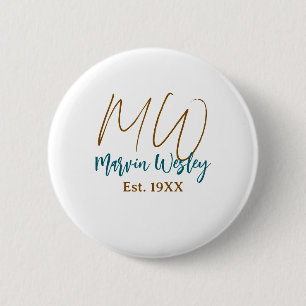 Monogram brown blue turquoise est.year simple mini 6 cm round badge