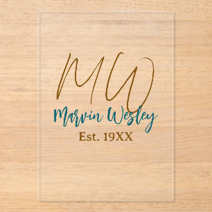 Monogram brown blue turquoise est.year simple mini acrylic invitations