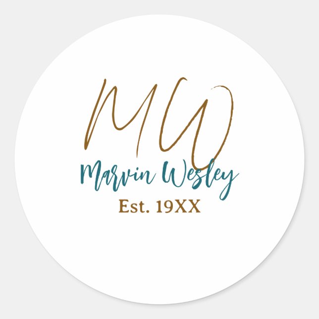 Monogram brown blue turquoise est.year simple mini classic round sticker (Front)