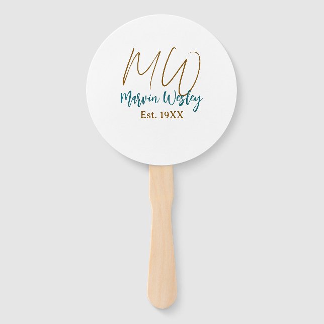 Monogram brown blue turquoise est.year simple mini hand fan (Front)