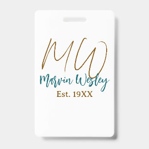 Monogram brown blue turquoise est.year simple mini ID badge