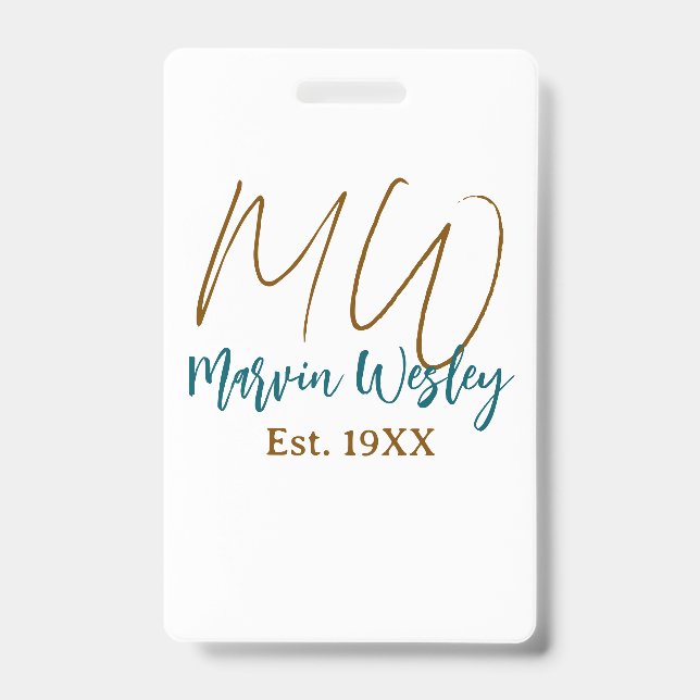 Monogram brown blue turquoise est.year simple mini ID badge (Front)