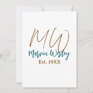 Monogram brown blue turquoise est.year simple mini invitation