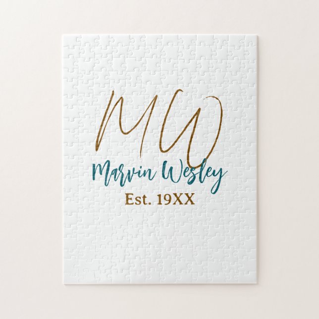 Monogram brown blue turquoise est.year simple mini jigsaw puzzle (Vertical)