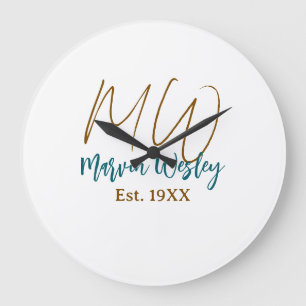 Monogram brown blue turquoise est.year simple mini large clock