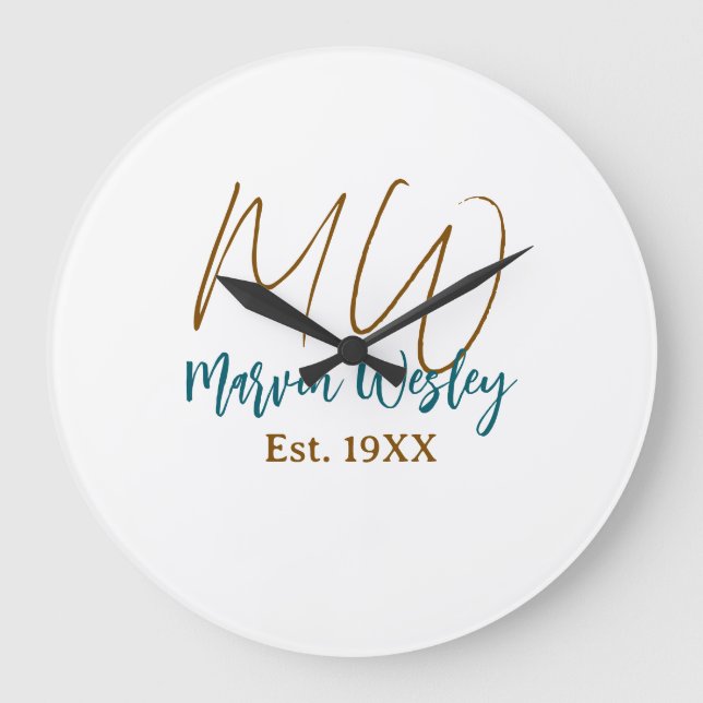 Monogram brown blue turquoise est.year simple mini large clock (Front)