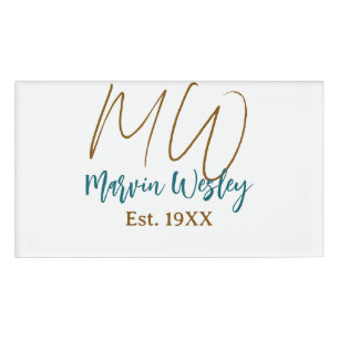 Monogram brown blue turquoise est.year simple mini name tag