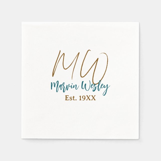 Monogram brown blue turquoise est.year simple mini napkin (Front)
