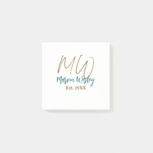 Monogram brown blue turquoise est.year simple mini post-it notes