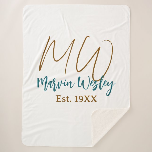 Monogram brown blue turquoise est.year simple mini sherpa blanket (Front)