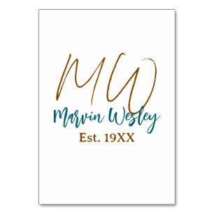 Monogram brown blue turquoise est.year simple mini table number
