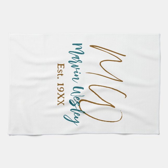 Monogram brown blue turquoise est.year simple mini tea towel (Horizontal)