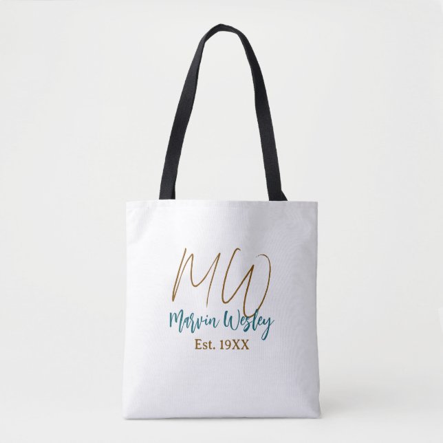 Monogram brown blue turquoise est.year simple mini tote bag (Front)