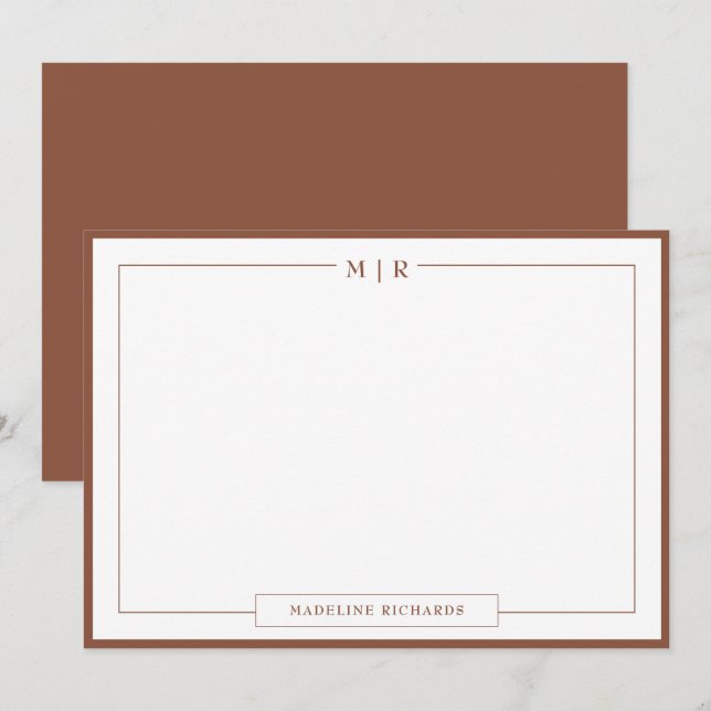 Monogram Brown Border Stationery Card (Front/Back)