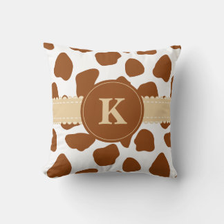Monogram Brown Cow Print Throw Pillow