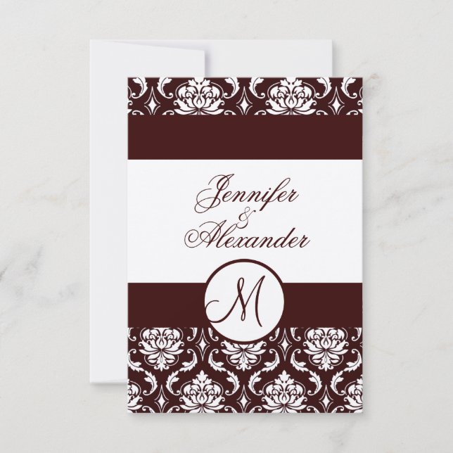Monogram Brown Damask RSVP Card on Felt Paper (Front)