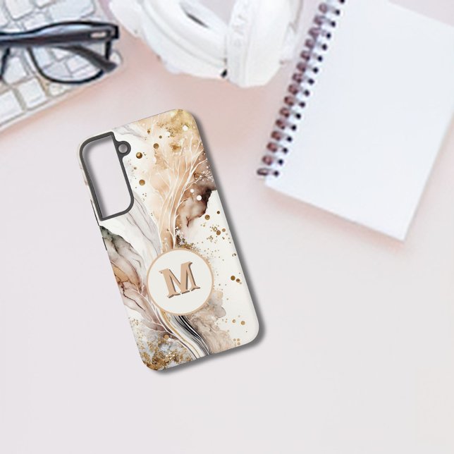 Monogram Brown Gold Marble Luxe Abstract Design Samsung Galaxy S22+ Case (Creator Uploaded)