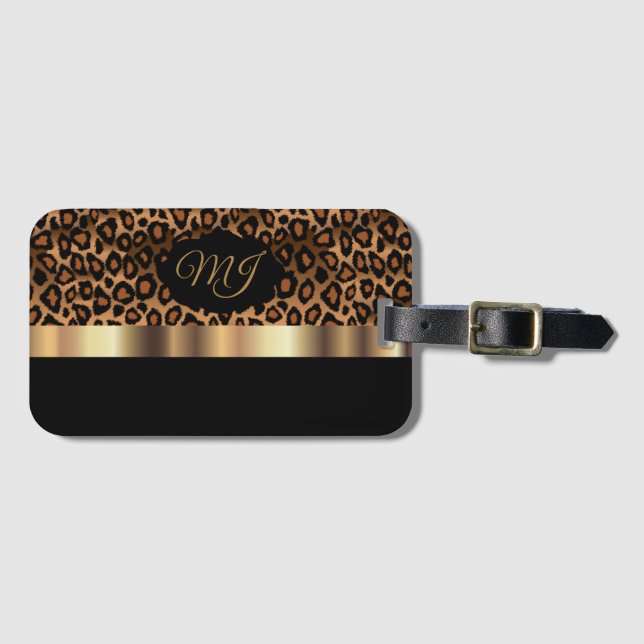 Monogram Brown Leopard Pattern Luggage Tag (Front Horizontal)