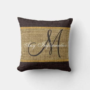 Monogram Brown Rustic Burlap Jute Cushion