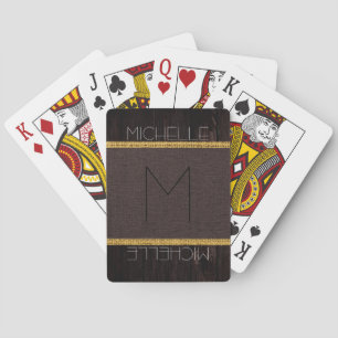 Monogram Brown Rustic Burlap Wood Look Playing Cards