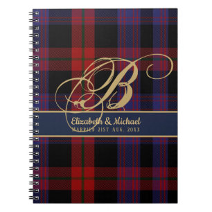 Monogram BROWN Tartan Blue Red Newlyweds Wedding Notebook