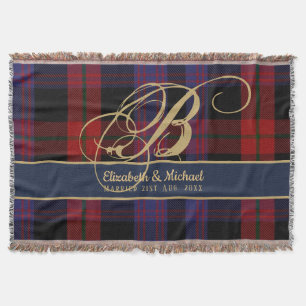 Monogram BROWN Tartan Blue Red Newlyweds Wedding Throw Blanket