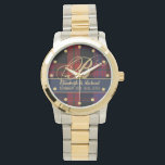 Monogram BROWN Tartan Blue Red Newlyweds Wedding Watch<br><div class="desc">Elegant wedding gift for the new Mr and Mrs featuring a Borwn surnameTartan in colours blue and red with gold calligraphy lettering and wording. Add the newlyweds surname monogram,  wedding date and first names to create a unique commemorative gift.</div>