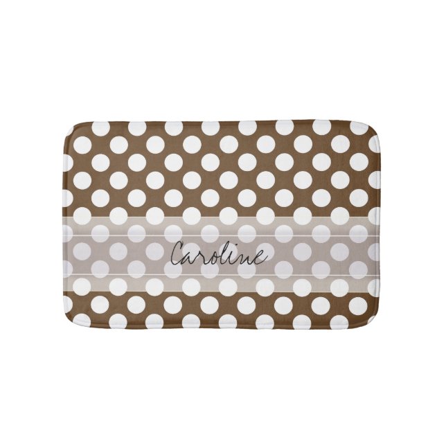 Monogram Brown White Trendy Fun Polka Dot Pattern Bath Mat (Front)
