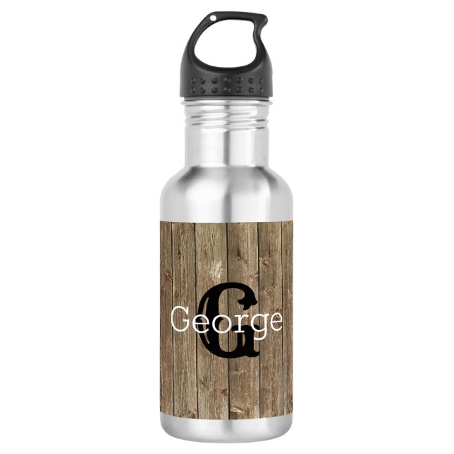Monogram Brown Wood Handsome Personalised 532 Ml Water Bottle (Front)