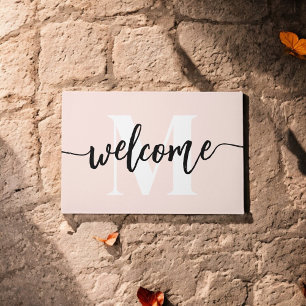 Monogram Brush Script Welcome Blush Pink Doormat